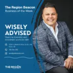Alt text: The Region Beacon Business of the Week graphic featuring Wisely Advised, a financial planning and investment advisory firm in Dyer, Indiana, with a portrait of the business owner and contact information.